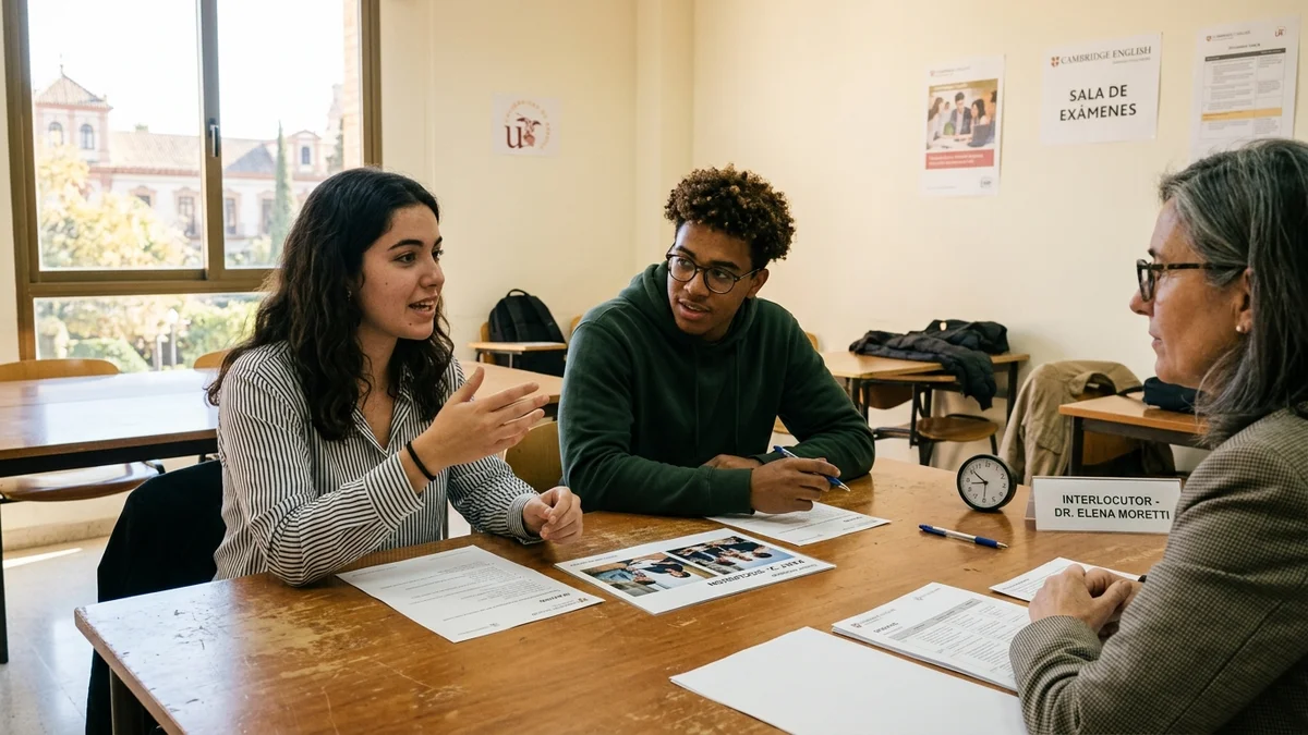 Pareja de candidatos realizando el examen oral de Speaking Cambridge ante examinadora oficial con cronómetro y tarjetas de discusión